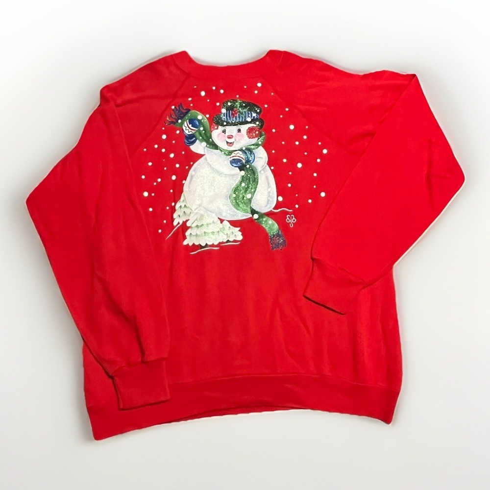 VTG 90s Red Snowman Christmas Sweatshirt Hand Painted Glitter Ugly Sweater Party